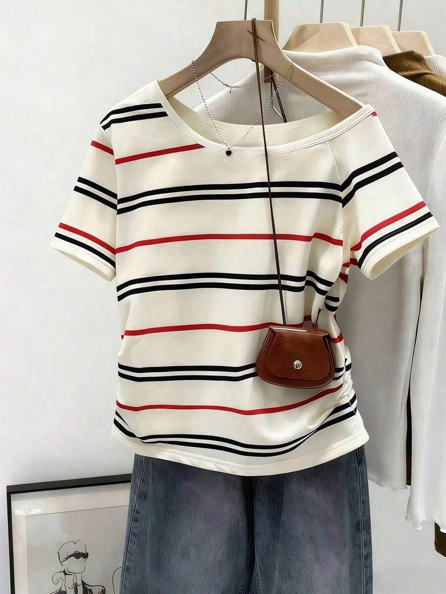 Camiseta casual de mujer con cuello redondo, manga corta, a rayas y plisada - Blanco 4 - Ver 1