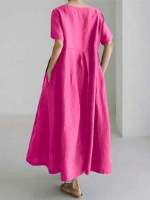 Vestido de lino suelto, casual, elegante y cómodo para mujer.Vestido largo suelto de manga corta, con bolsillo, cuello redondo y unicolor.Ajuste relajado para el verano - Rosa Fucsia - Ver 2