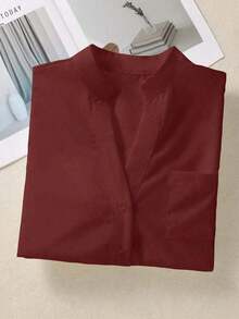 Camisa de mujer de unicolor con cuello en V y botones - Blusa casual y elegante de manga larga con detalle de bolsillo, adecuada para vacaciones, viajes y uso diario, artículo esencial para primavera, verano, otoño e invierno - Café integral - Ver 9