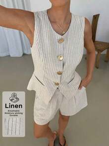 Conjunto de 2 piezas para mujer: Chaleco de metal de un solo pecho y shorts para el verano - Albaricoque 2 - Ver 10