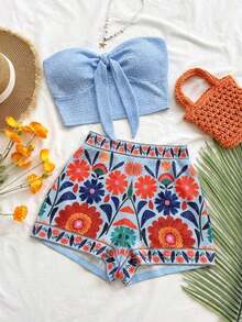 Conjunto informal de 2 piezas de top tubo corto anudado de unicolor y shorts con estampado floral para vacaciones de mujer - Azul - Ver 7