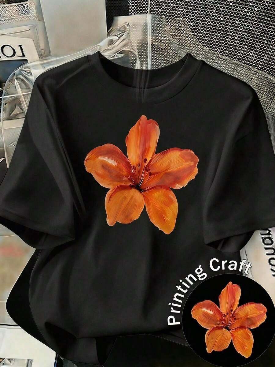 Mexican Basic 2026 Camiseta Casual de Manga Corta con Cuello Redondo para Mujer con Hermoso Estampado Floral Naranja para el Verano, Nuevo Lanzamiento - Negro - Ver 1