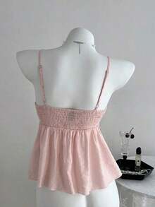 Camiseta de tirantes con volantes de unicolor lindo para damas, ropa de verano para la universidad - Rosa - Ver 2