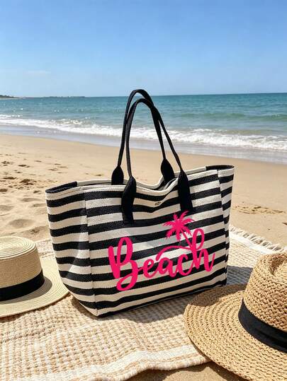 Large Capacity Black & White Striped Beach Tote Bag,With Coconut Tree And Letter Printing,Foldable Canvas Shoulder Handbag, Waterproof Sandproof Travel Bag For Summer Essentials, Ideal For Beach Trips, Pool Days, Shopping & Daily Use, Suitable For Women, Travelers & Beach Lovers, Perfect For Spring Break, Easter, Mother'S Day, Vacations & Gifting, Durable Woven Material, Versatile As Beach Bag, Shopping Tote & Travel Companion,Extra Large Capacity.