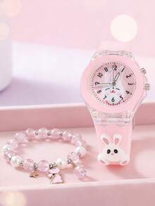 Bộ 2 đồng hồ phát sáng cho bé gái - Đồng hồ thạch anh phát sáng hình thỏ và đồng hồ dây hạt hình mèo (Không hộp), thích hợp cho mùa tựu trường. - Hồng - Xem 6