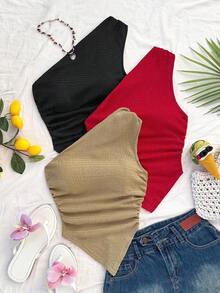 Conjunto de 3 piezas con top asimétrico casual de uso diario y de verano para vacaciones, talla grande 2 piezas adicionales, para volver al colegio o para la hora del té por la tarde - Multicolor 7 - Ver 4