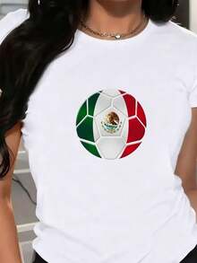 Women's T-Shirt With White Short-Sleeved Mexican Flag Soccer Pattern, Regular Edition T-Shirt, Breathable, Soft And Comfortable Fabric, Comfortable For Four Seasons, With A Casual Round Neck Blouse For Everyday Wear - 白色 - 查看 6