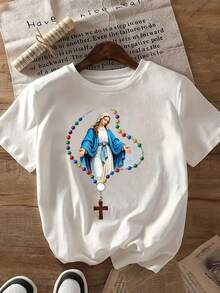 Red T-Shirt With A Feminine Religious Design | 100% Cotton, Comfortable Fabric, Casual And Elegant Clothing, A Perfect Gift For Family And Friends, Suitable For Everyday And Religious Occasions, Round Neck, Short Sleeves. For Summer. - 白色 - 查看 7