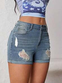 Shorts en mezclilla desgarro bajo de doblez - Azul lavado medio - Ver 6