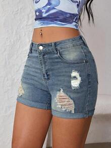 Shorts en mezclilla desgarro bajo de doblez - Azul lavado medio - Ver 7