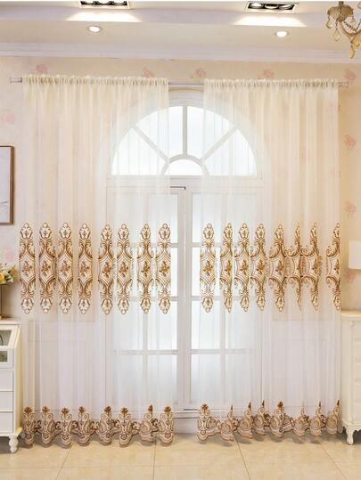 1pc Beige Geometric Pattern Embroidered Sheer Curtain, European Luxury Style Embroidered Velvet Sheer Curtain, Suitable For Living Room Bedroom Window And Door Decor