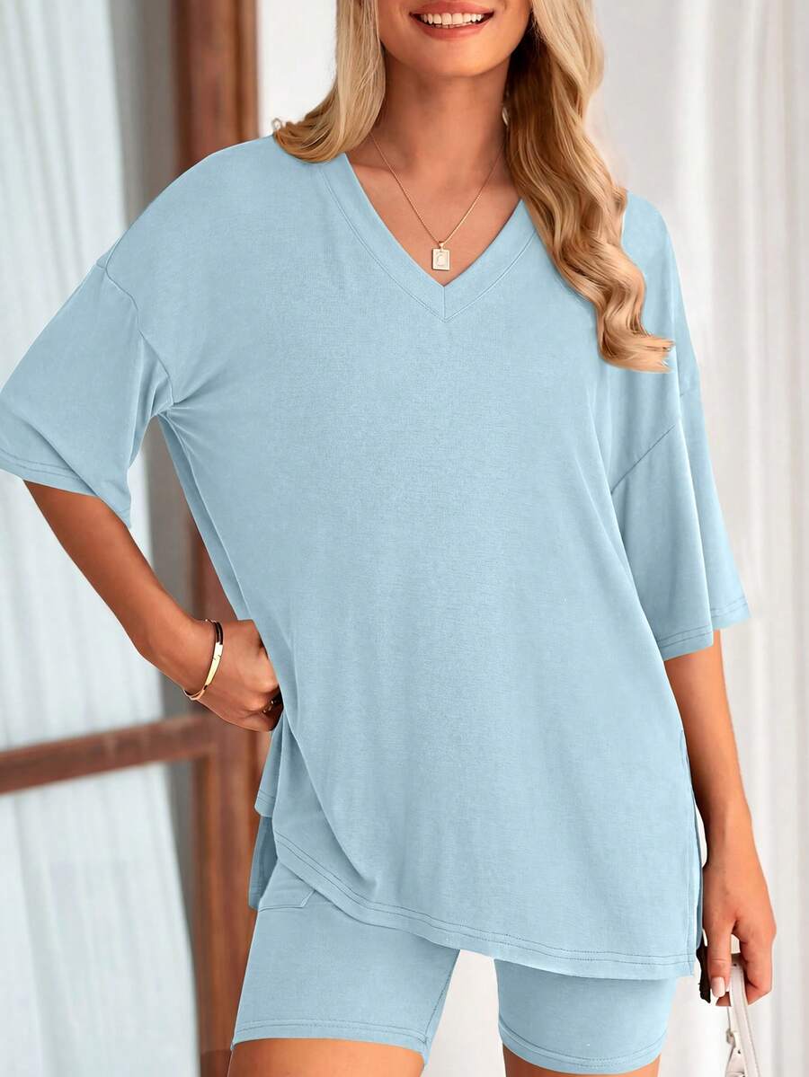PRETTYGARDEN Women's Summer Clothes 2 Piece Sets Lounge Set Casual Oversized Shirts Biker Shorts Matching Airport Travel Sweatsuit Set Women Vacation Outfit Summer Brunch Outfits For Women - 淺藍 - 查看 1