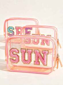 Bolsa de maquillaje impermeable y transparente con protección solar, diseño de bordado de toalla, cremallera impermeable y parche de forro polar portátil con protección solar. Almacenamiento de plástico EVA con protección solar - Multicolor - Ver 3