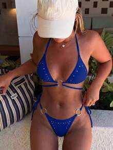 Bộ bikini màu trơn đính kim cương lấp lánh, sequin, hở lưng, kiểu tam giác buộc dây bên hông, gợi cảm, bán chạy nhất mùa hè, màu trơn, kiểu dáng giản dị, gợi cảm, buộc dây sau lưng, thích hợp cho kỳ nghỉ biển. - Màu xanh lam - Xem 1
