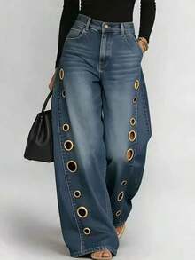 European And American New Denim Jeans With Women's Metal Eyelets Design, Casual And Loose High Waisted Wide Leg Jeans - 藍色(做貨中) - 查看 7