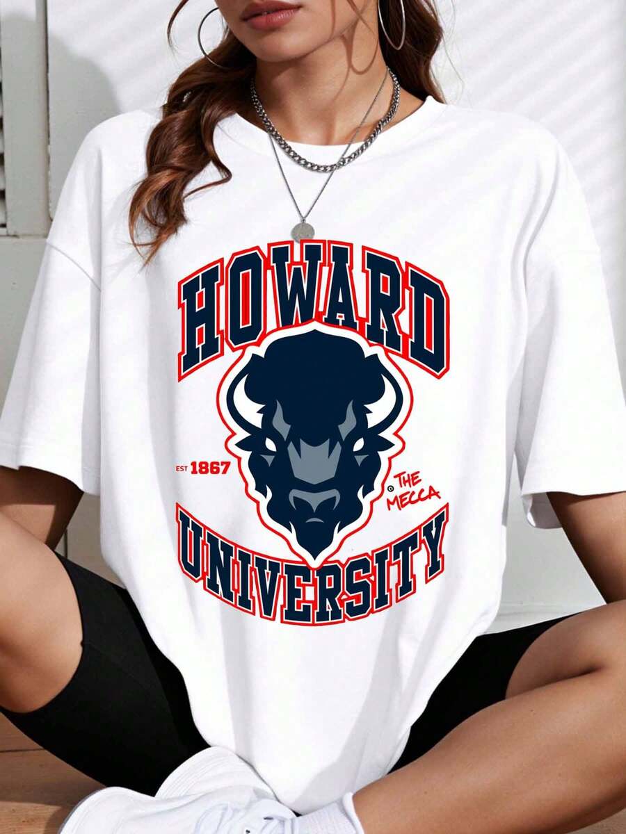 Howard University White T Shirt With Bull Logo And Text For Casual Wear - trắng - Xem 1