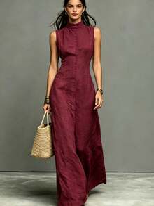 Minimalist Style Single-Neck Sleeveless Maxi Linen Dress - Burgundy - View 1