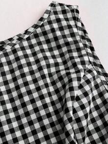 Camisa sin mangas con cuello redondo de estilo universitario retro y a cuadros, con diseño sexy para mujer.Nueva blusa de verano con cordones, ajuste ceñido y delicado estilo femenino y dulce - Negro - Ver 4