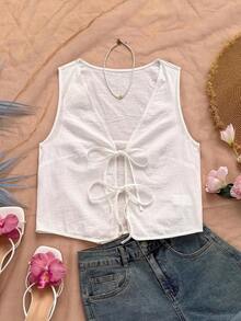 Blusa de tirantes con estampado tropical, cuello en V y mangas acampanadas con nudo, para vacaciones de verano para mujeres - Blanco - Ver 6
