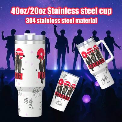 BT21 签名款保温水瓶（40盎司/20盎司），带吸管和提手——送给ARMY粉丝的完美礼物，适合演唱会、旅行、上学 | 万圣节、圣诞节、感恩节