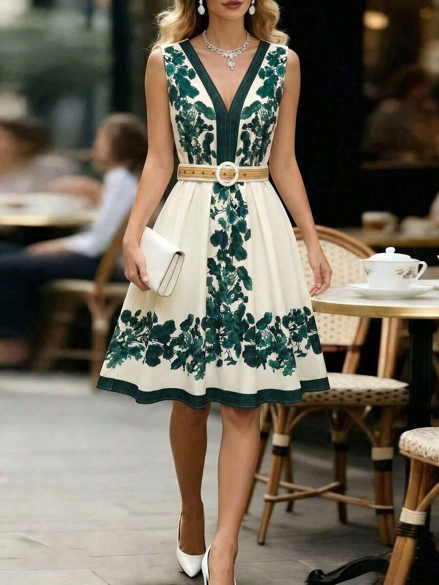 Vestido maxi floral de estilo vacacional decorativo, adecuado para uso diario, elegante y romántico con cuello en V profundo y cinturón para mujeres - Verde Oscuro - Ver 1