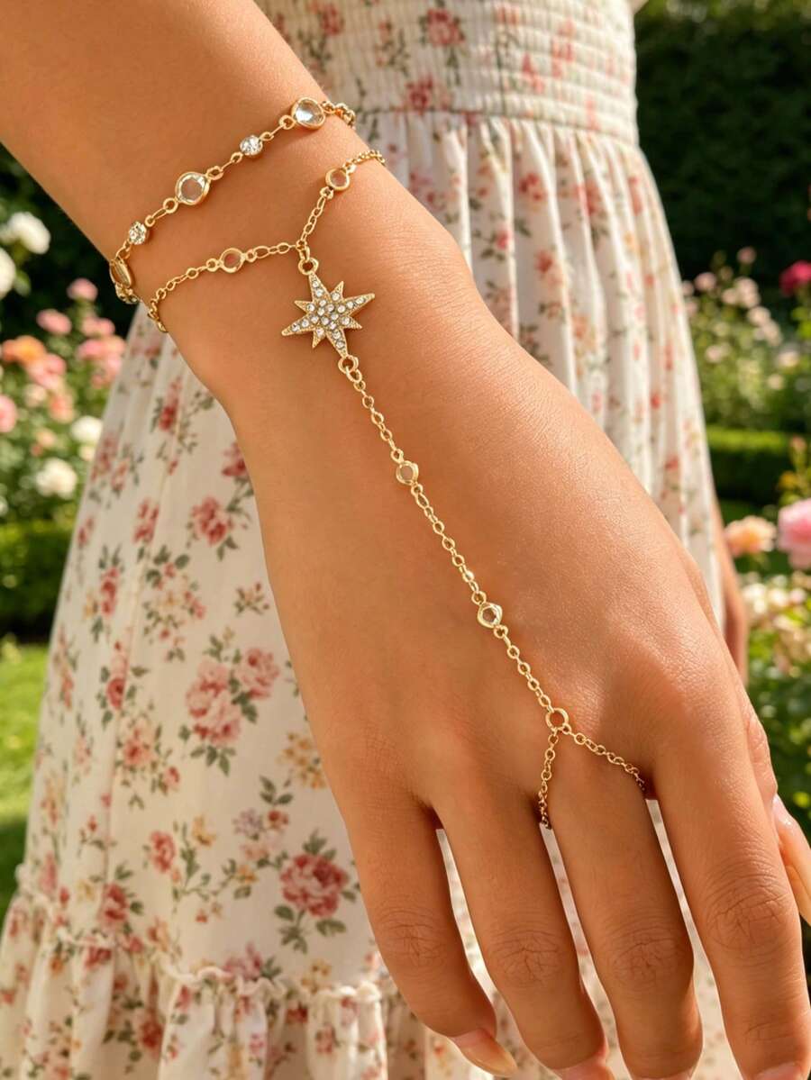 2pcs/Set Fashion Octagram Element Finger Chain, Elegant Crystal Chain Double-Layer Stackable Bracelet, Suitable For Daily Wear, Street Photography And Decoration. The Chain Length And Bead Count Are Customizable. - Multicolor - View 1