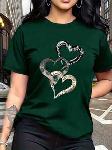 Camiseta casual de mujer con estampado de corazón y cuello redondo, para verano - Verde militar - Ver 6