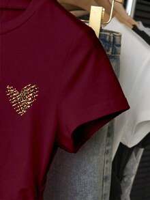 Blusa de verano para exteriores, diseño de alta gama, adecuada para actividades al aire libre, deportes, diseño gráfico, compras, viajes, vacaciones, camiseta de manga corta para mujer con estampado de leopardo y elementos de corazón, estampado de corazón de mariposa, romántico, encantador - Burdeos 2 - Ver 4