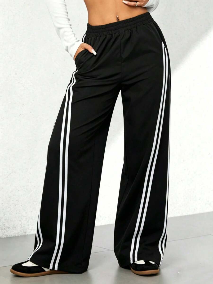 Pantalones rectos negros holgados y casuales de vacaciones para otoño e invierno - Negro - Ver 1