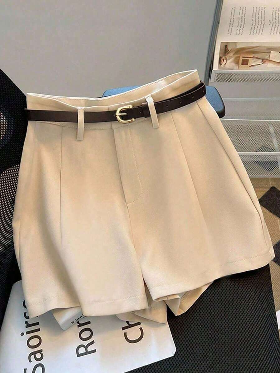 Women's Summer Solid Color Shorts, Mid-High Waist, Versatile And Fashionable For Everyday Wear, With Belt - 卡其色 - 查看 1