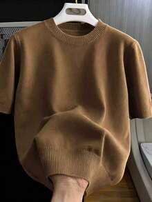 Men's Casual Versatile Solid Color Short Sleeve Knit Top, Suitable For Daily Wear And Commuting - Khaki - View 3