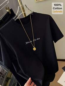Nueva camiseta de mujer de longitud media con estampado inglés blanco puro, estilo casual de verano, camiseta base con diseño moderno. # 3333 Camiseta Casual de Verano Estilo Vintage Urbano Unisex de Algodón Holgada de Manga Corta con Cuello Redondo - Negro - Ver 6