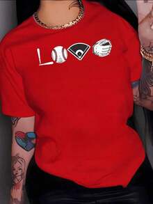The Print Features The Word LOVE Formed By A Bat, A Ball, A Field, And A Glove, Symbolizing The Passion And Unity That Baseball Represents For Those Who Love The Game. Women's T-Shirt, 100% Cotton, Soft, Comfortable, And Durable - 紅色的 - 查看 12