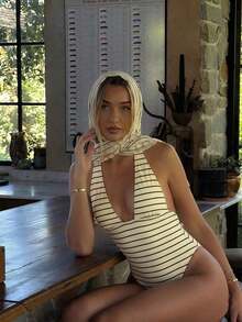 Traje de baño de dos piezas de mujer con lunares sexy, diseño retorcido y asimétrico con espalda descubierta de gasa, traje de baño de una pieza para vacaciones en la playa en verano - Marrón Chocolate - Ver 3