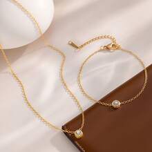 2pcs Korean Style Minimalist Single Diamond Necklace And Bracelet Set, Fashionable Versatile Elegant Jewelry - Solitaire Jewelry Set - View 3