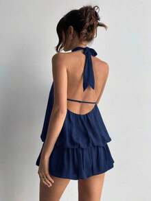casual de verano para mujer con cuello halter, unicolor y volantes en el bajo - Azul marino - Ver 2