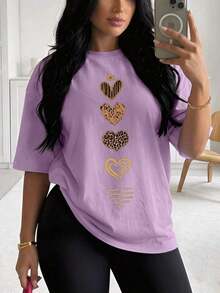 Camiseta de mujerYOCASA Camiseta Blanca con 5 Corazones de Leopardo Estampada, Manga Corta, Corte Holgado, Casual y Versátil para Mujer Blusa de Mujer con Estampado de Corazones de Estilo Leopardo, Manga Corta, Ajuste Holgado, Ropa Casual Diaria Camiseta Holgada de Corazones Leopardo para Mujer, Manga Corta, Estampado Único, Casual y MultiusosCómoda y ligera - YH628-Morado - Ver 1