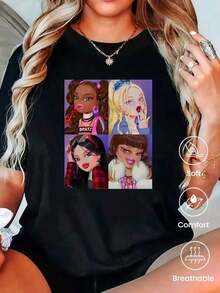 Camiseta de manga corta estampada para mujer. Perfecto para citas, desplazamientos diarios y salidas informales. Diseño clásico minimalista de cuello redondo, fácil de combinar y se adapta a todo tipo de cuerpos. - Negro - Ver 1
