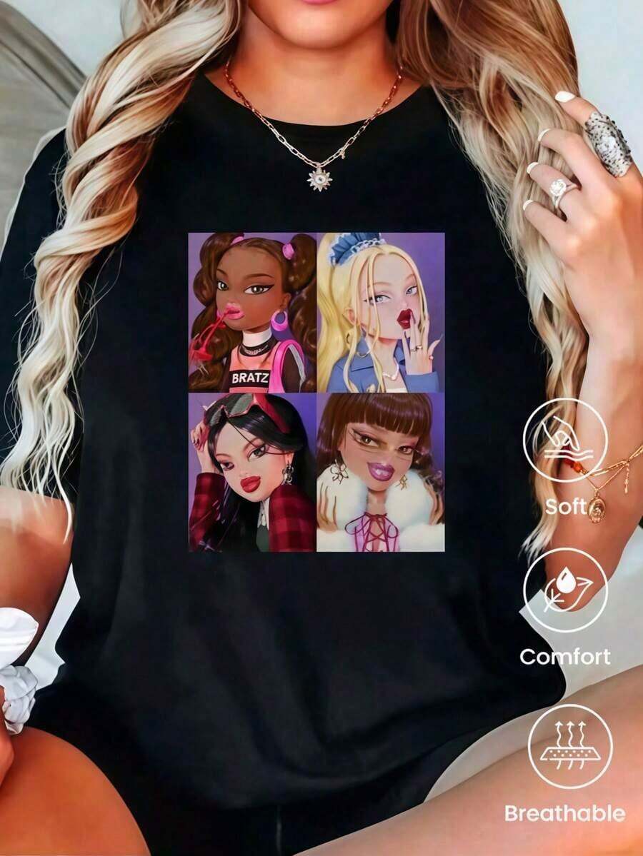 Camiseta de manga corta estampada para mujer. Perfecto para citas, desplazamientos diarios y salidas informales. Diseño clásico minimalista de cuello redondo, fácil de combinar y se adapta a todo tipo de cuerpos. - Negro - Ver 1