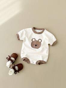 Newborn Baby Girls Cute Bear Print Short Sleeve Romper, Spring/Summer - Apricot - View 11