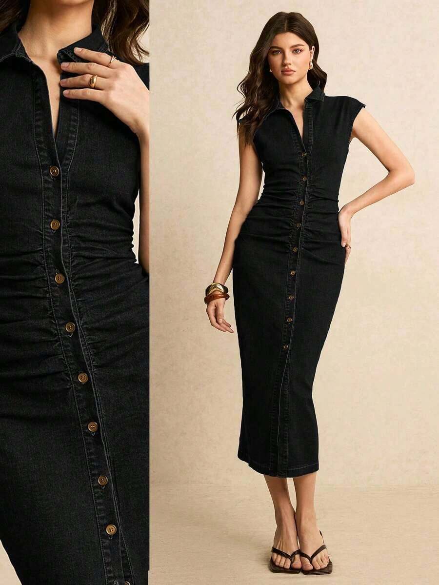 Vestido de mezclilla elegante para oficina/viaje con mangas abullonadas, silueta ajustada y bajo con abertura lateral, para verano - Negro - Ver 1