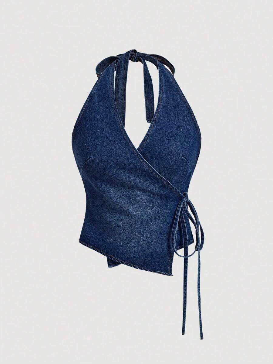 Blusa denim informal con espalda descubierta y atar para uso diario para mujeres - Azul lavado oscuro - Ver 1