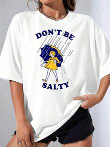 Camiseta de niña de algodón, Camiseta Blanca de Talla Grande con Estampado 'Don't Be Salty' y Niña Sosteniendo un Paraguas para Uso Casual, Fiesta al Aire Libre, Camiseta Estampada Casual de 180g - Blanco - Ver 1