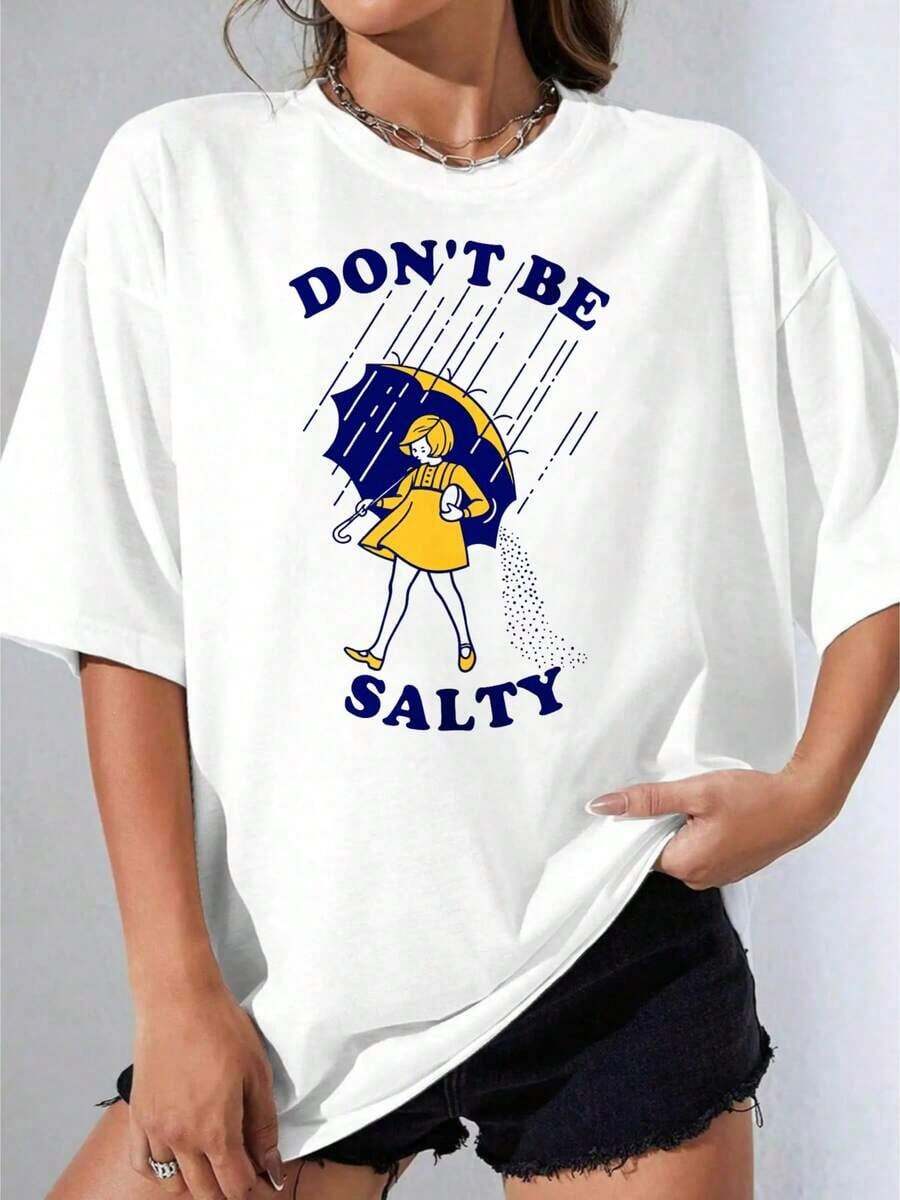 Camiseta de niña de algodón, Camiseta Blanca de Talla Grande con Estampado 'Don't Be Salty' y Niña Sosteniendo un Paraguas para Uso Casual, Fiesta al Aire Libre, Camiseta Estampada Casual de 180g - Blanco - Ver 1