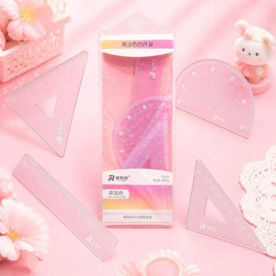Kit Régua Escolar 4 Peças Jelly Color Transparente Kawaii Matemática Geometria