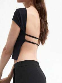 Camiseta corta negra de punto ajustada y sin espalda para verano - Negro - Ver 5