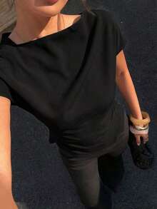 Blusa de manga corta con pliegues en la cintura y bajo asimétrico, estilo elegante de oficina para mujer - Negro - Ver 8