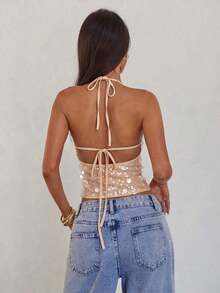 Nuevo camisol de tirantes finos con espalda descubierta y lentejuelas rosas para mujer, elegante y sexy, ideal para el Día de San Valentín, fiestas y viajes - Albaricoque - Ver 2