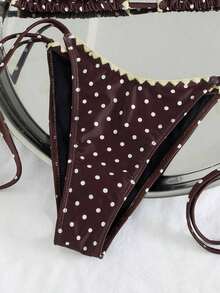 Bikini de mujer de unicolor con escote halter y lazos, estilo sexy, minimalista y elegante para playa, vacaciones, viajes y fiestas, nueva colección primavera/verano - Puntos marrones - Ver 6
