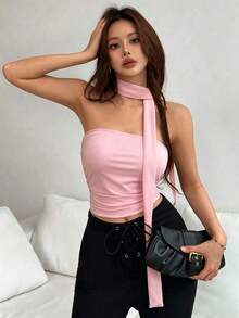 Top de bandeau fruncida con estampado de leopardo y bufanda - Rosa Pálido - Ver 5